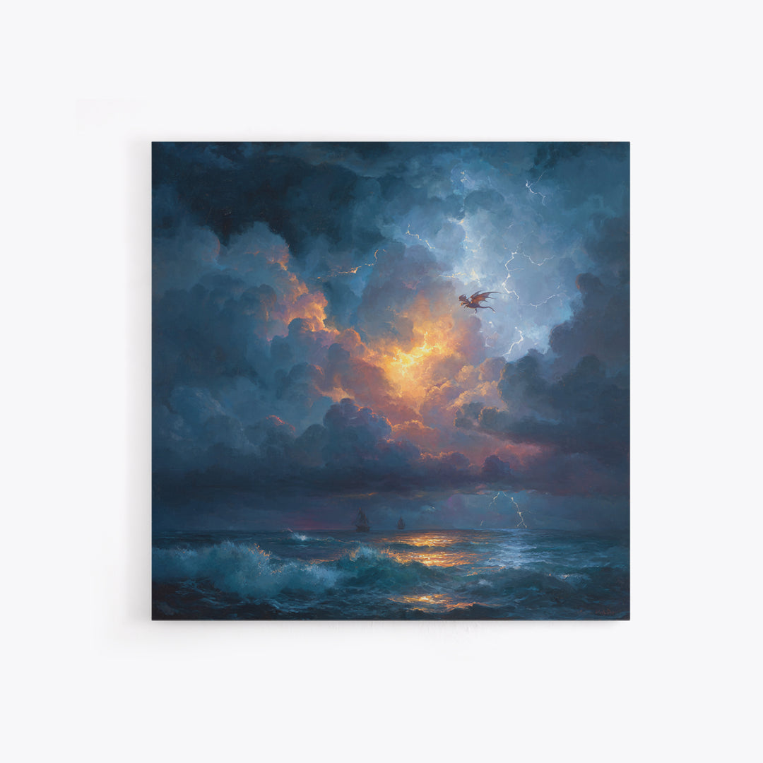 Stormy Ocean Dragon Seascape Canvas Print, Moody Coastal Wall Art, Dark Fantasy Landscape, Nautical Decor Gift For Him, Storm Art