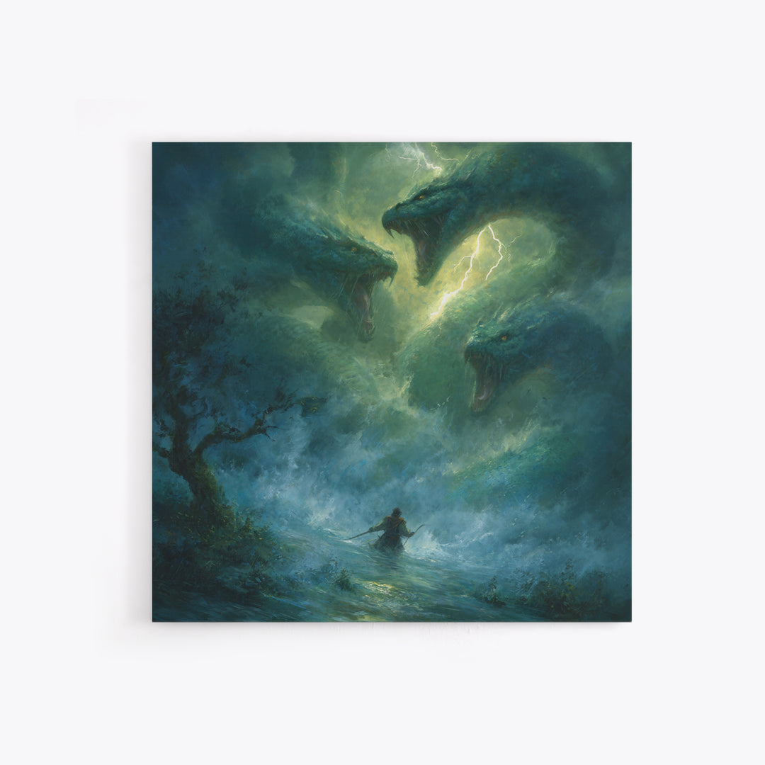 Three Headed Sea Serpent Storm Wall Art, Dark Fantasy Canvas Print, Mythical Creature Decor, Dragon Art Gift For Him, Epic Battle