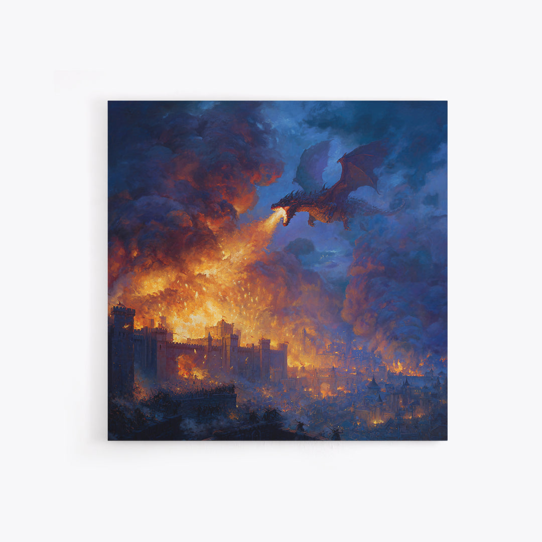 Fire Breathing Dragon Over Burning City Wall Art, Dark Fantasy Canvas Print, Medieval Castle Decor, Epic Gamer Gift For Him