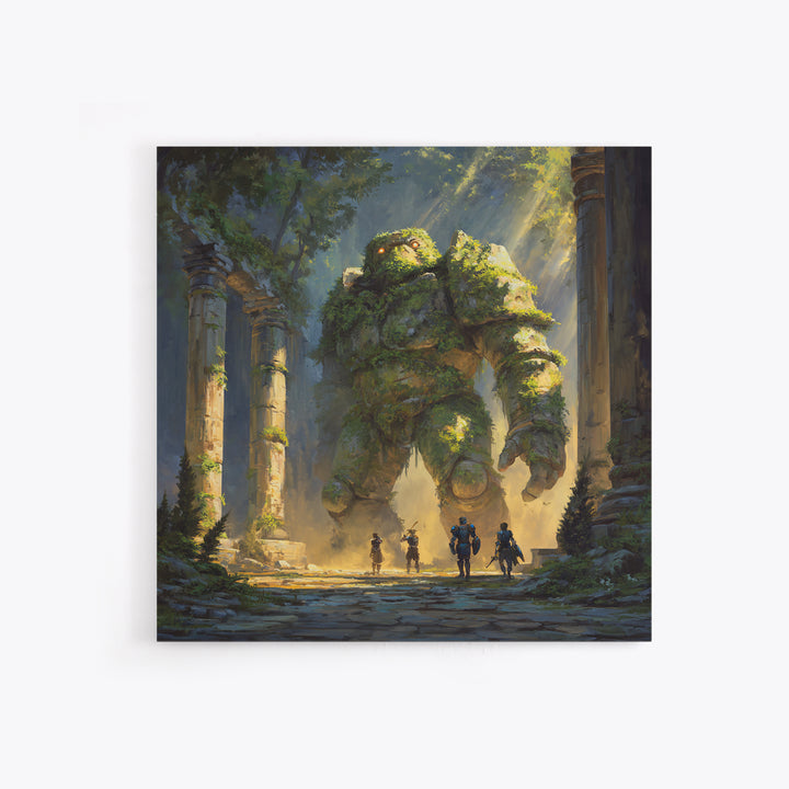 Moss Covered Forest Golem Ruins Wall Art, Fantasy Canvas Print, Whimsical Adventure Decor, Magical Woodland Artwork For Game Room
