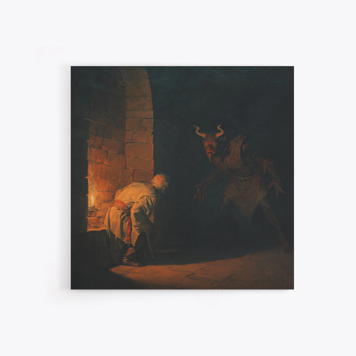 Candlelit Dungeon Demon Encounter Wall Art, Dark Fantasy Canvas Print, Gothic Horror Decor, Medieval Monster Artwork For Study