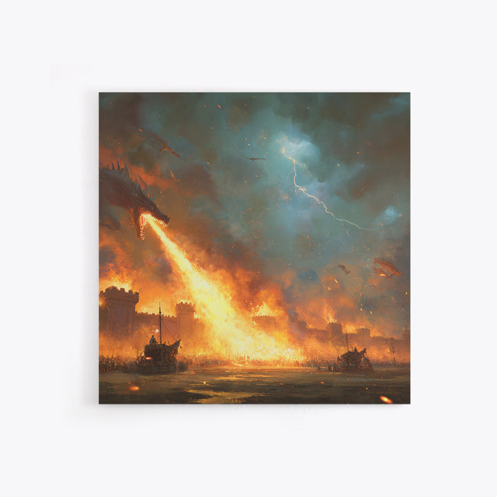 Fire Breathing Dragon Siege Wall Art, Epic Fantasy Canvas Print, Medieval Castle Battle Decor, Dramatic Game Room Artwork