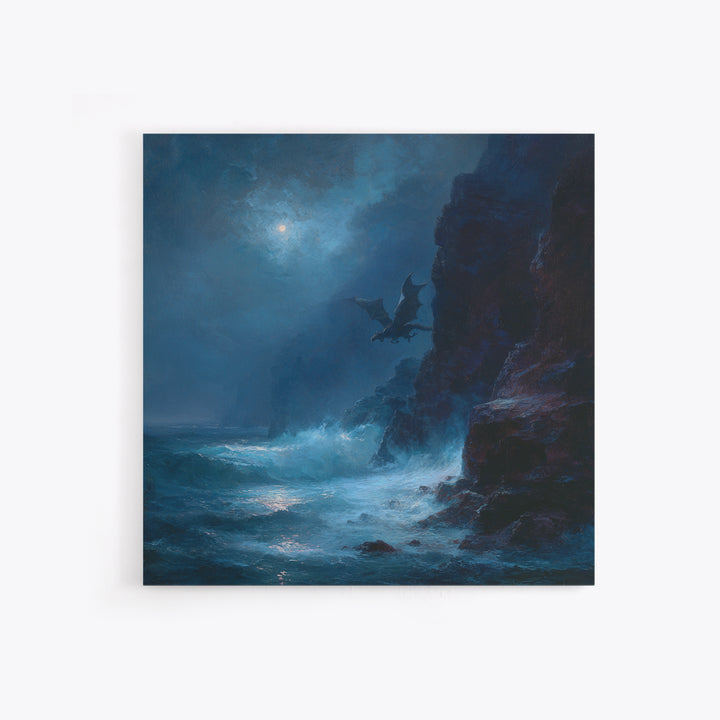Moonlit Dragon Over Stormy Sea Cliffs Wall Art, Fantasy Seascape Canvas Print, Moody Coastal Decor, Gothic Ocean Artwork