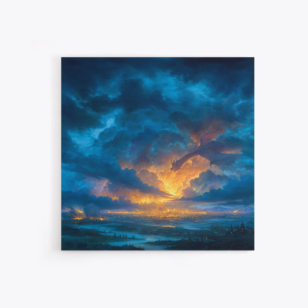 Storm Cloud Dragon Above Glowing Kingdom Wall Art, Fantasy Landscape Canvas Print, Dramatic Sky Decor, Epic Castle Artwork