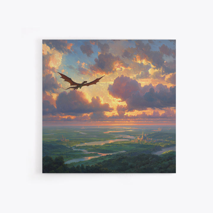 Soaring Dragon Sunset Valley Wall Art, Fantasy Landscape Canvas Print, Castle Kingdom Decor, Dreamy Adventure Artwork For Living Room