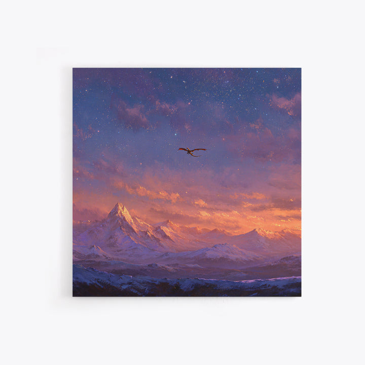 Starry Mountain Dragon Flight Wall Art, Fantasy Canvas Print, Snowy Alpine Landscape Decor, Celestial Adventure Artwork For Bedroom