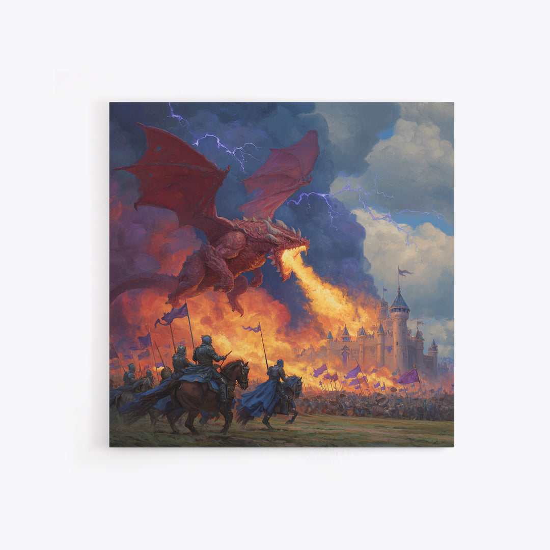 Red Dragon Castle Siege Wall Art, Epic Fantasy Framed Canvas Print, Medieval Battle Decor, Knight Adventure Game Room Artwork