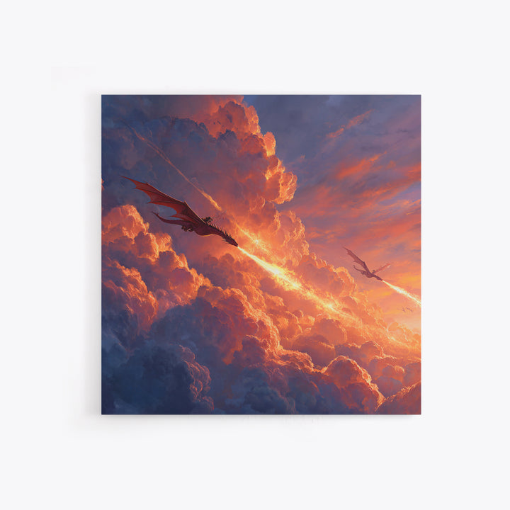 Dragons Blazing Through Sunset Clouds Wall Art, Fantasy Canvas Print, Fiery Sky Decor, Epic Mythical Adventure Artwork For Office