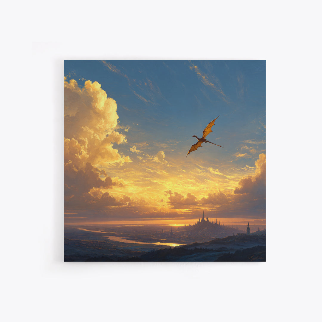 Lone Dragon Over Golden Horizon Wall Art, Fantasy Landscape Canvas Print, Sunset Castle Decor, Serene Coastal Artwork For Living Room