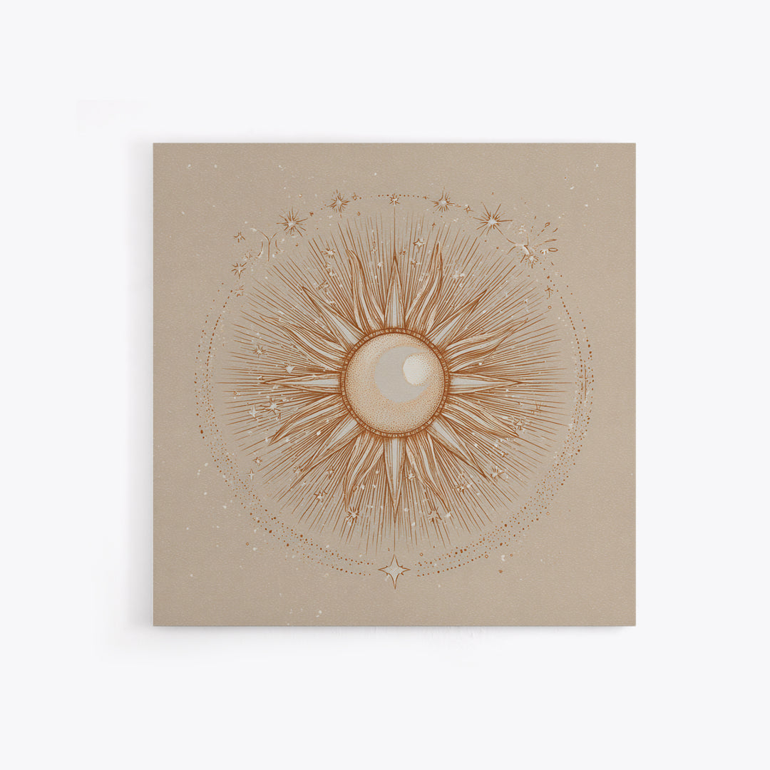 Celestial Sunburst Moon Line Art Framed Canvas Print, Neutral Boho Wall Art, Mystical Minimalist Bedroom Decor, Above Bed Decor