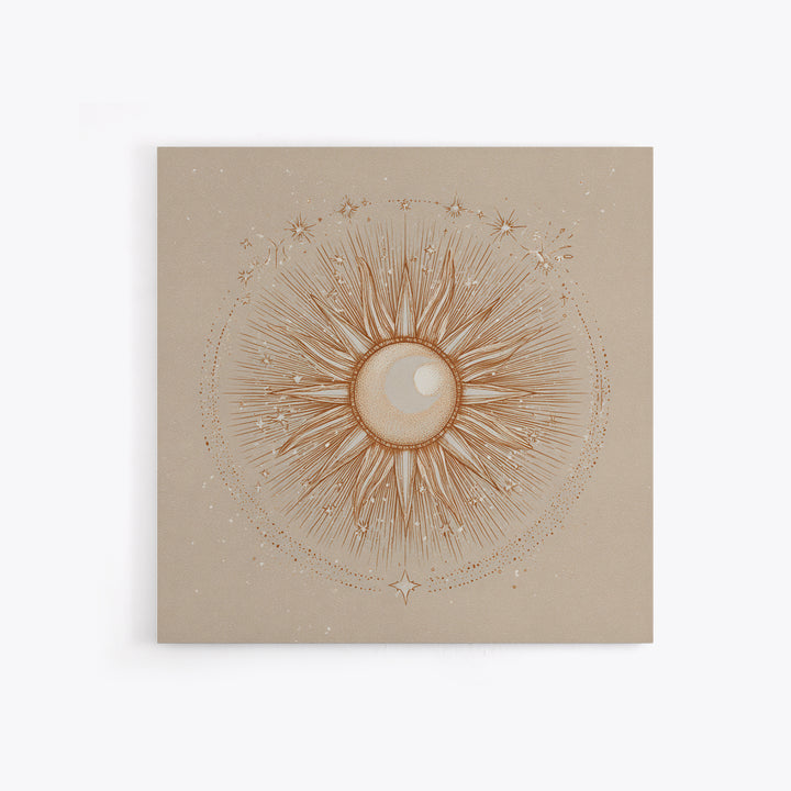 Celestial Sunburst Moon Line Art Framed Canvas Print, Neutral Boho Wall Art, Mystical Minimalist Bedroom Decor, Above Bed Decor