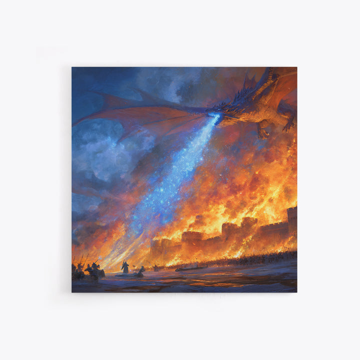 Blue Fire Dragon Siege Wall Art, Epic Fantasy Canvas Print, Medieval Castle Battle Decor, Large Gamer Room Wall Decor Gift For Him