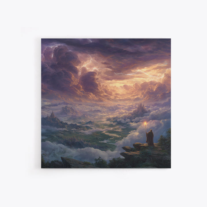 Storm Wizard Over Cloud Kingdom Wall Art, Epic Fantasy Landscape Canvas Print, Dark Academia Office Decor, Large Gift For Him