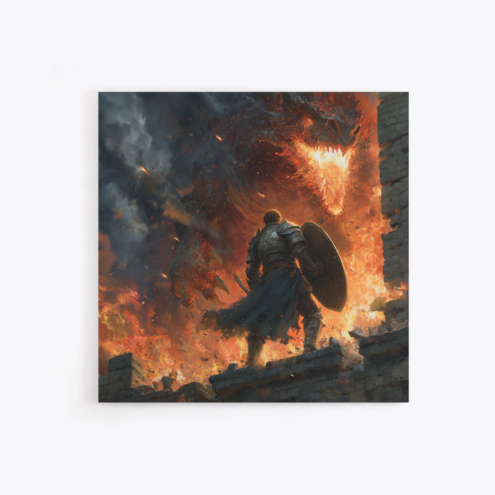 Knight Facing Fire Dragon Wall Art, Dark Fantasy Canvas Print, Medieval Battle Decor, Large Gothic Gamer Room Gift For Him
