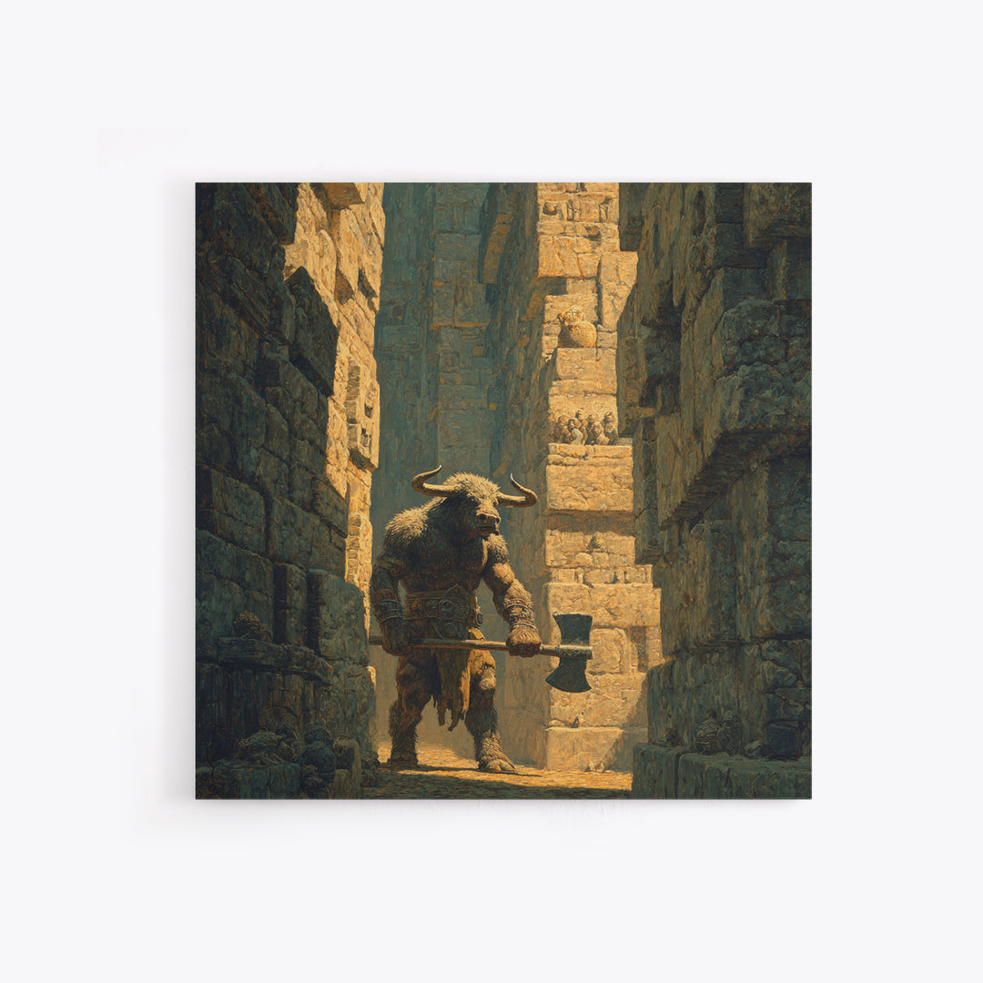 Minotaur In Ancient Stone Alley Wall Art, Mythological Fantasy Canvas Print, Rustic Medieval Decor, Man Cave Gift For Him