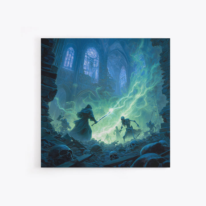 Wizard Versus Skeleton Army Wall Art, Gothic Fantasy Canvas Print, Dark Cathedral Magic Decor, Spooky Halloween Gift For Him