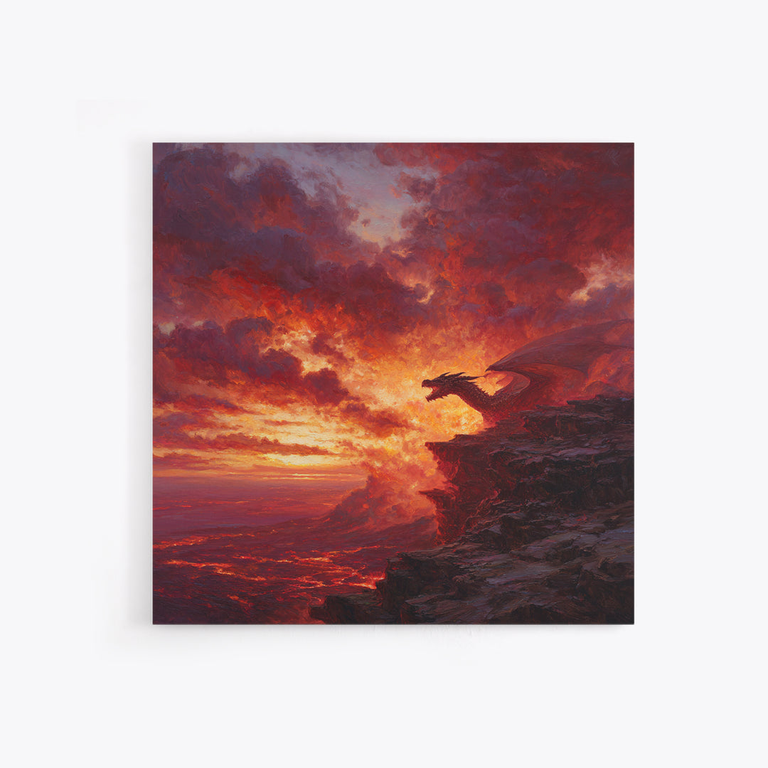 Red Dragon At Volcanic Sunset Wall Art, Dark Fantasy Canvas Print, Lava Landscape Decor, Large Moody Gamer Room Gift For Him