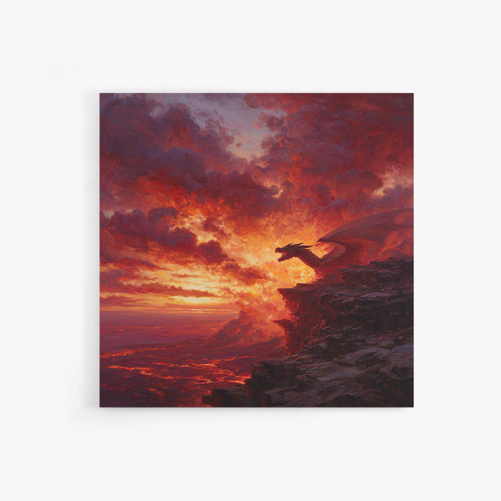 Red Dragon At Volcanic Sunset Wall Art, Dark Fantasy Canvas Print, Lava Landscape Decor, Large Moody Gamer Room Gift For Him
