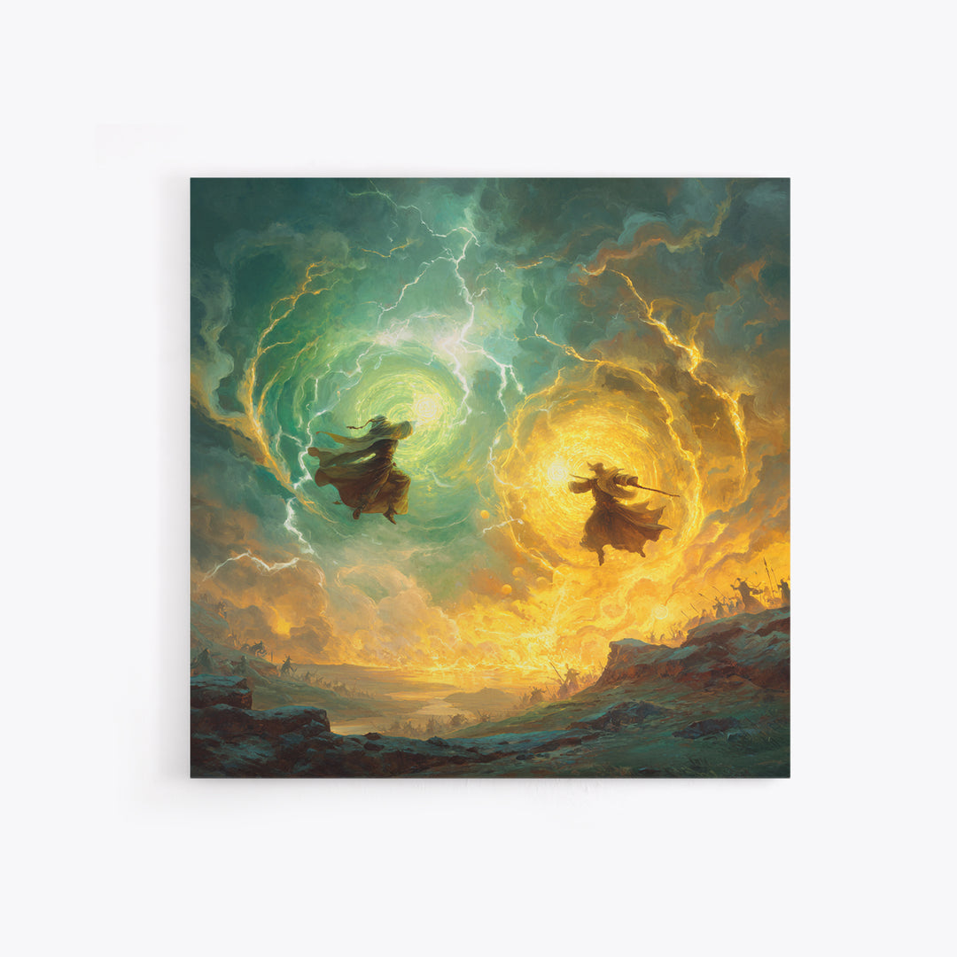 Dueling Mages With Lightning Portals Wall Art, Epic Fantasy Canvas Print, Magical Landscape Decor, Large Gamer Room Gift For Him