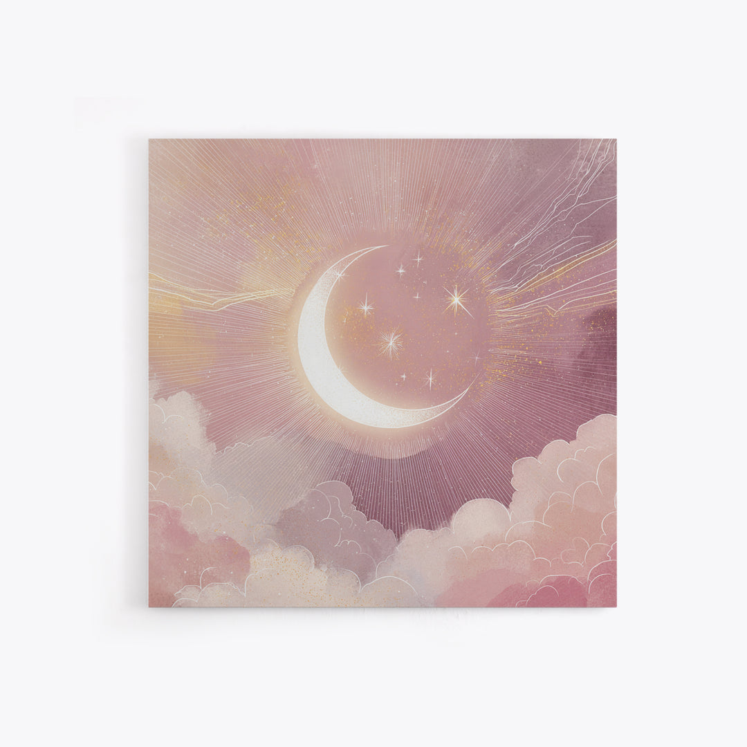 Crescent Moon In Pink Clouds With Stars Wall Art, Celestial Nursery Decor, Mystical Pastel Bedroom Print, Boho Moon Gift