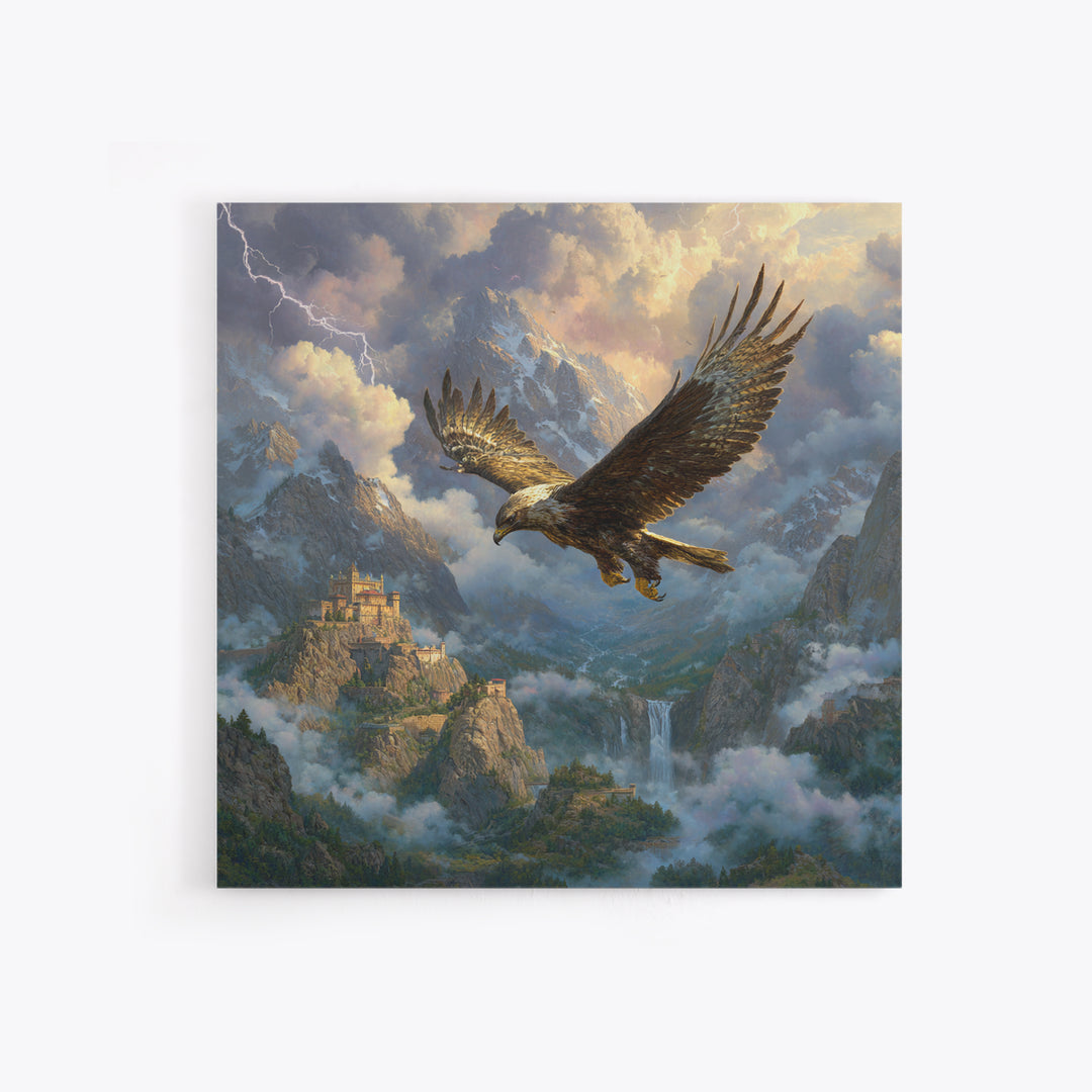 Soaring Eagle Over Stormy Mountain Castle Wall Art, Fantasy Landscape Canvas, Dramatic Wildlife Decor, Epic Gift For Him