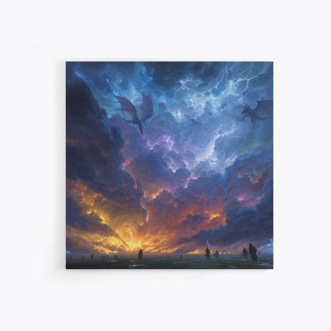 Lightning Dragons In Storm Clouds Canvas Print, Dark Fantasy Wall Art, Epic Gaming Room Decor, Dramatic Sky Gift For Him