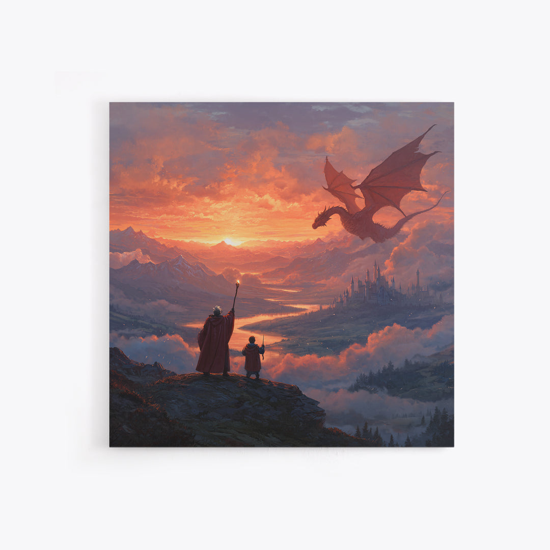 Sunset Dragon Over Mountain Valley Framed Canvas Print, Fantasy Castle Wall Art, Wizard Adventure Decor, Epic Gift For Him