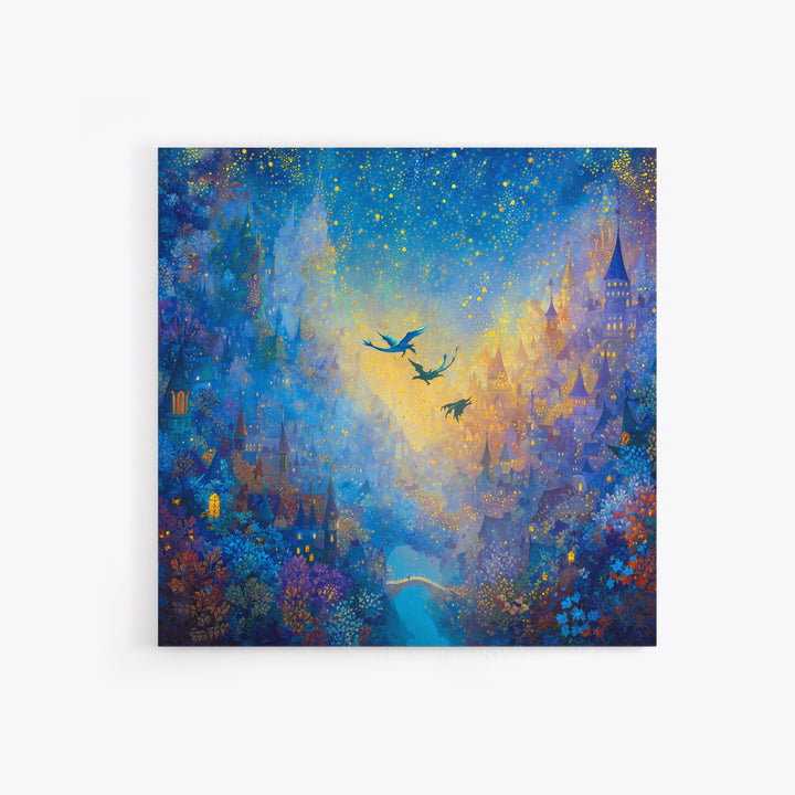 Blue Enchanted City With Golden Stars Canvas Print, Whimsical Fairy Tale Wall Art, Fantasy Castle Decor, Magical Gift For Her