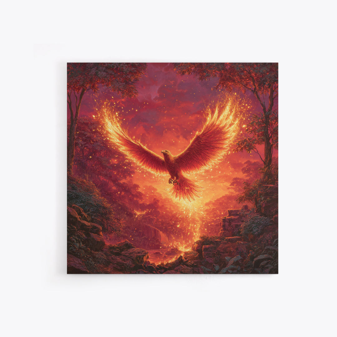 Fiery Phoenix Rising In Red Forest Canvas Print, Mythical Bird Wall Art, Epic Fantasy Wildlife Decor, Dramatic Gift For Her
