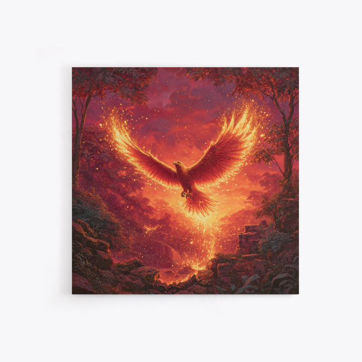 Fiery Phoenix Rising In Red Forest Canvas Print, Mythical Bird Wall Art, Epic Fantasy Wildlife Decor, Dramatic Gift For Her
