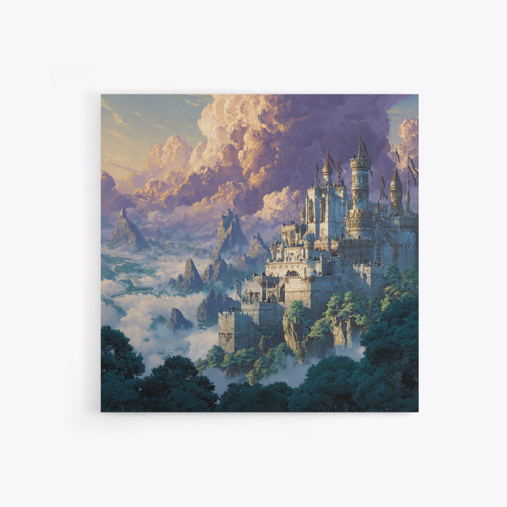 Majestic White Castle Above Clouded Mountains Wall Art, Fantasy Landscape Canvas Print, Fairytale Home Decor Gift For Her