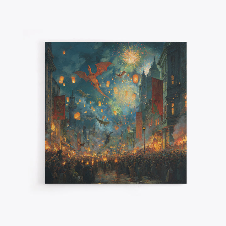 Dragon Festival Over Lantern Lit Medieval City Canvas Print, Fantasy Celebration Wall Art, Fireworks Decor, Epic Gift For Him