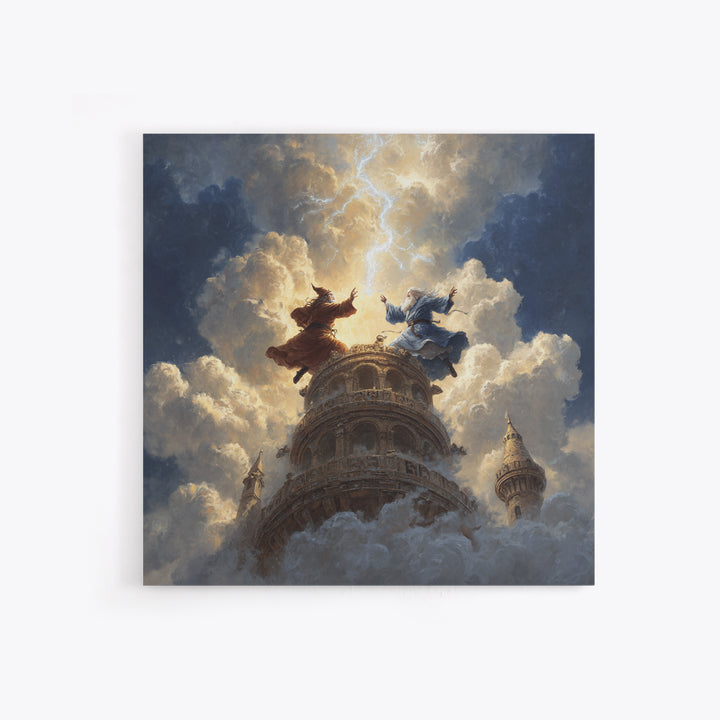 Wizards Dueling Atop Tower In Storm Clouds Wall Art, Dark Fantasy Canvas Print, Lightning Magic Decor, Epic Gift For Him
