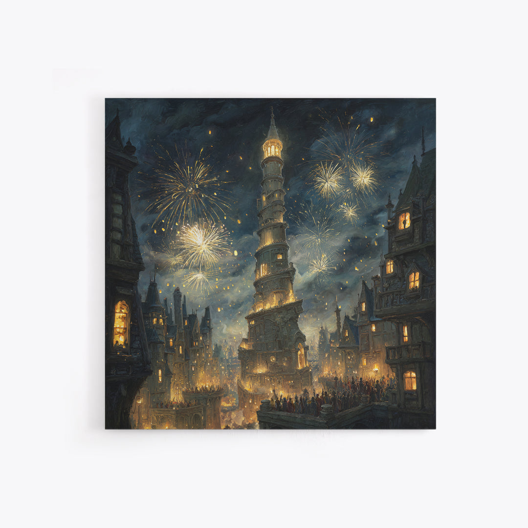Fireworks Over Leaning Fantasy Tower Framed Canvas Print, Medieval Magical City Wall Art, Night Festival Decor, Gift For Her