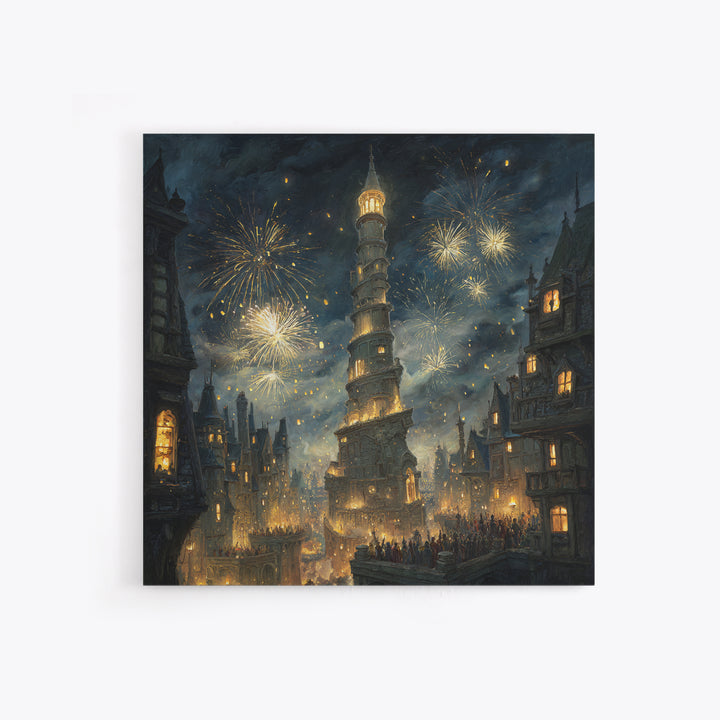 Fireworks Over Leaning Fantasy Tower Framed Canvas Print, Medieval Magical City Wall Art, Night Festival Decor, Gift For Her