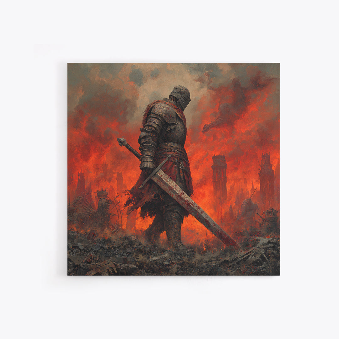 Armored Knight In Burning Battlefield Wall Art, Dark Fantasy Canvas Print, Medieval Warrior Decor, Gothic Game Room Art Print