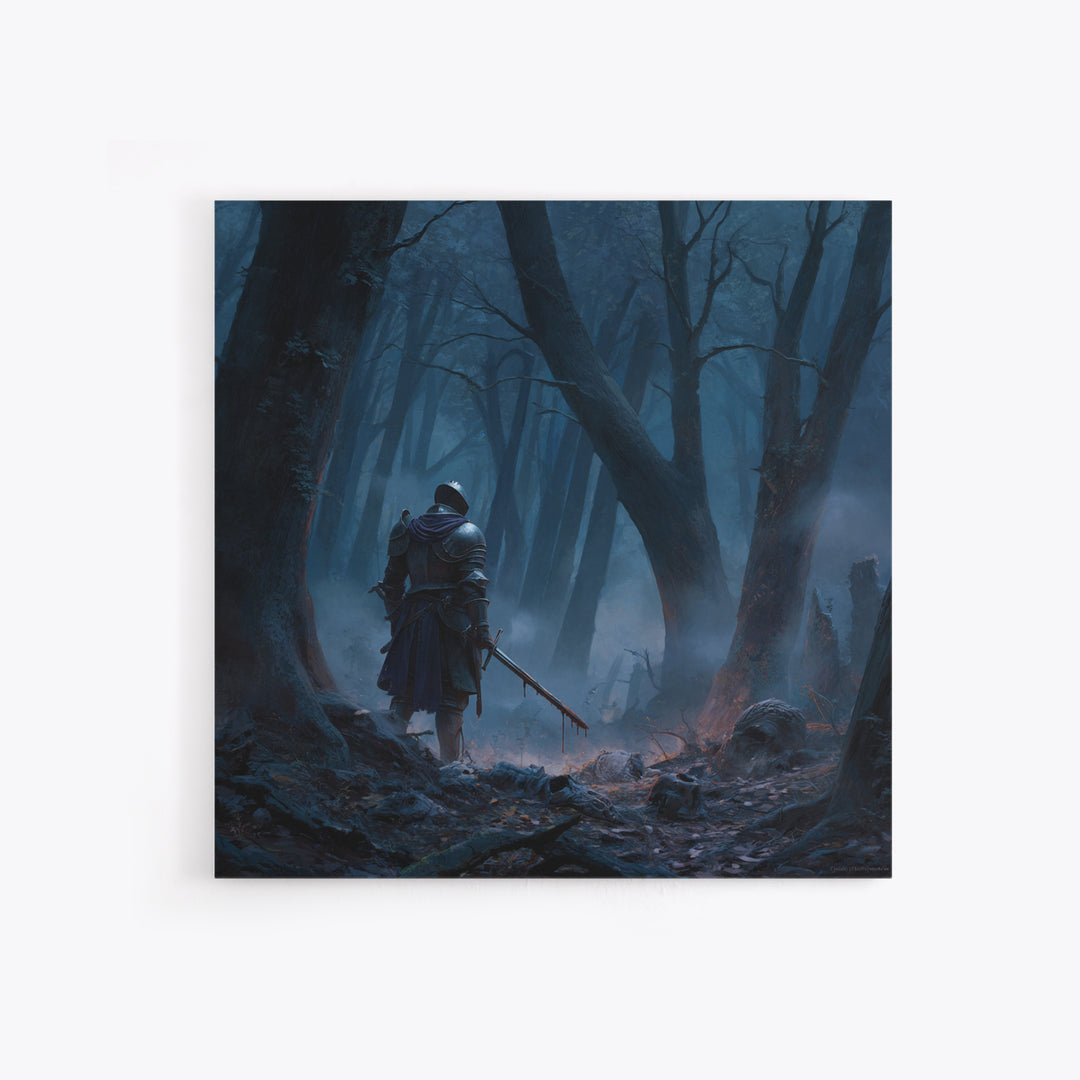 Lone Knight In Misty Blue Forest Wall Art, Dark Fantasy Canvas Print, Medieval Warrior Decor, Gothic Office Art Print Gift