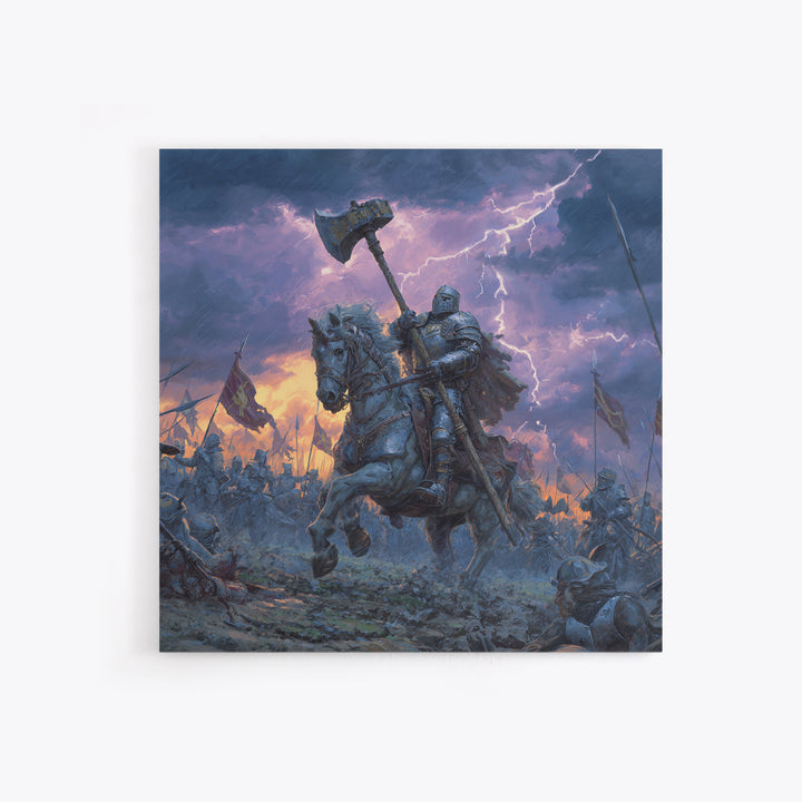 Mounted Knight With War Axe Wall Art, Medieval Battle Canvas Print, Stormy Fantasy Decor, Gothic Warrior Gift For Him Print