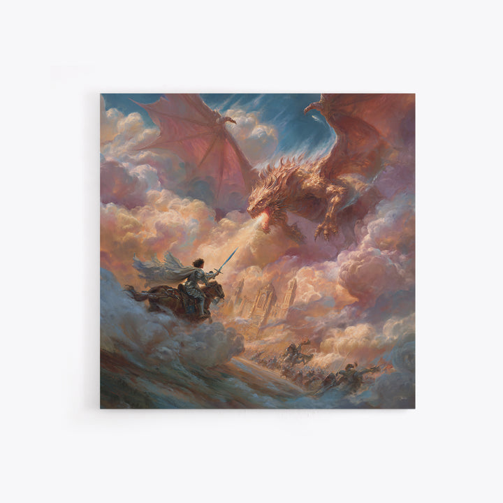 Hero Knight Facing Twin Dragons Wall Art, Epic Fantasy Canvas Print, Dragon Battle Decor, Medieval Adventure Gift For Him