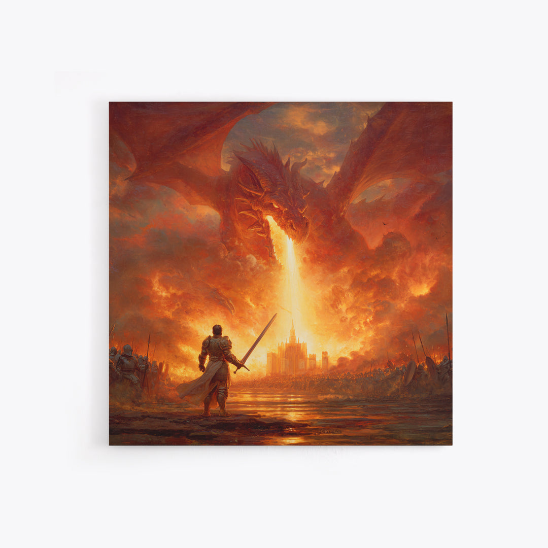 Giant Fire Dragon Over Castle Wall Art, Epic Fantasy Canvas Print, Large Medieval Battle Decor, Dragon Lover Gift For Him