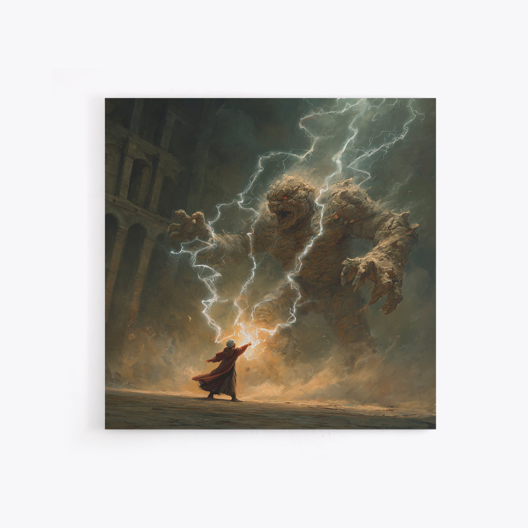 Wizard Battling Lightning Stone Golem Wall Art, Dark Fantasy Canvas Print, Magic Ruins Decor, Epic Sorcerer Art Gift Print