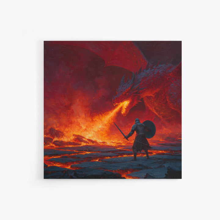 Red Dragon Breathing Fire At Knight Wall Art, Dark Fantasy Canvas Print, Lava Battle Decor, Gothic Medieval Art Gift Print