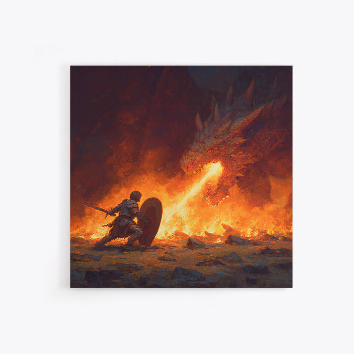 Knight Shielding From Dragon Fire Wall Art, Fantasy Canvas Print, Medieval Battle Decor, Gothic Warrior Gift For Him Print