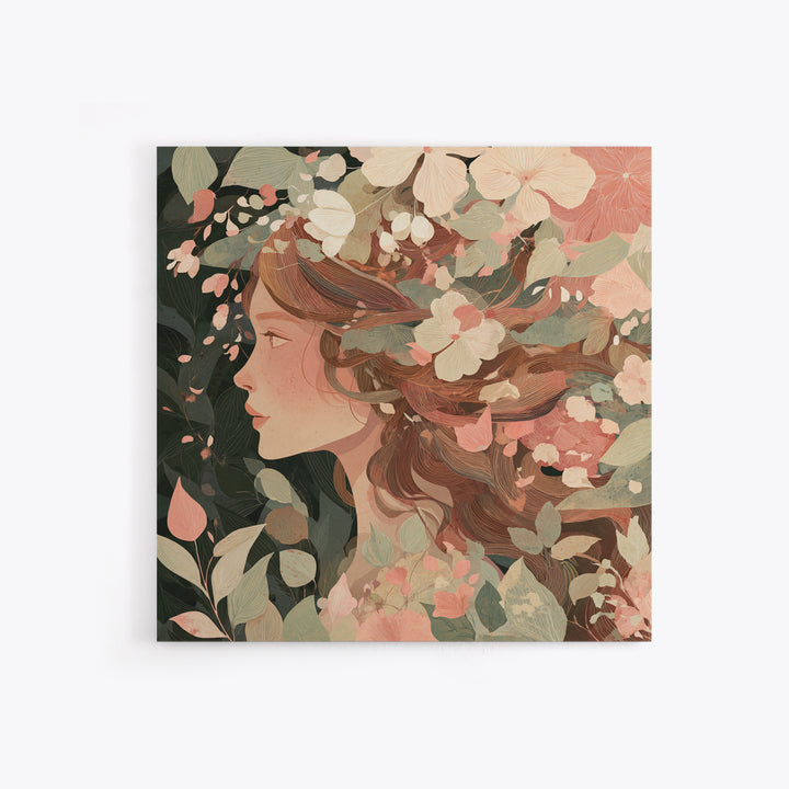 Botanical Woman Profile With Flowing Hair And Cream Flowers Wall Art, Art Nouveau Floral Print, Feminine Boho Living Room Decor Gift