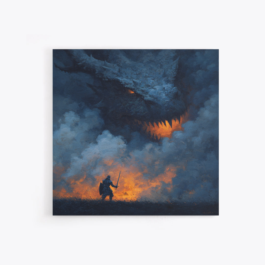 Dragon Looming Over Lone Knight In Smoke, Dark Fantasy Wall Art, Medieval Warrior Canvas Print, Gothic Game Room Decor Gift
