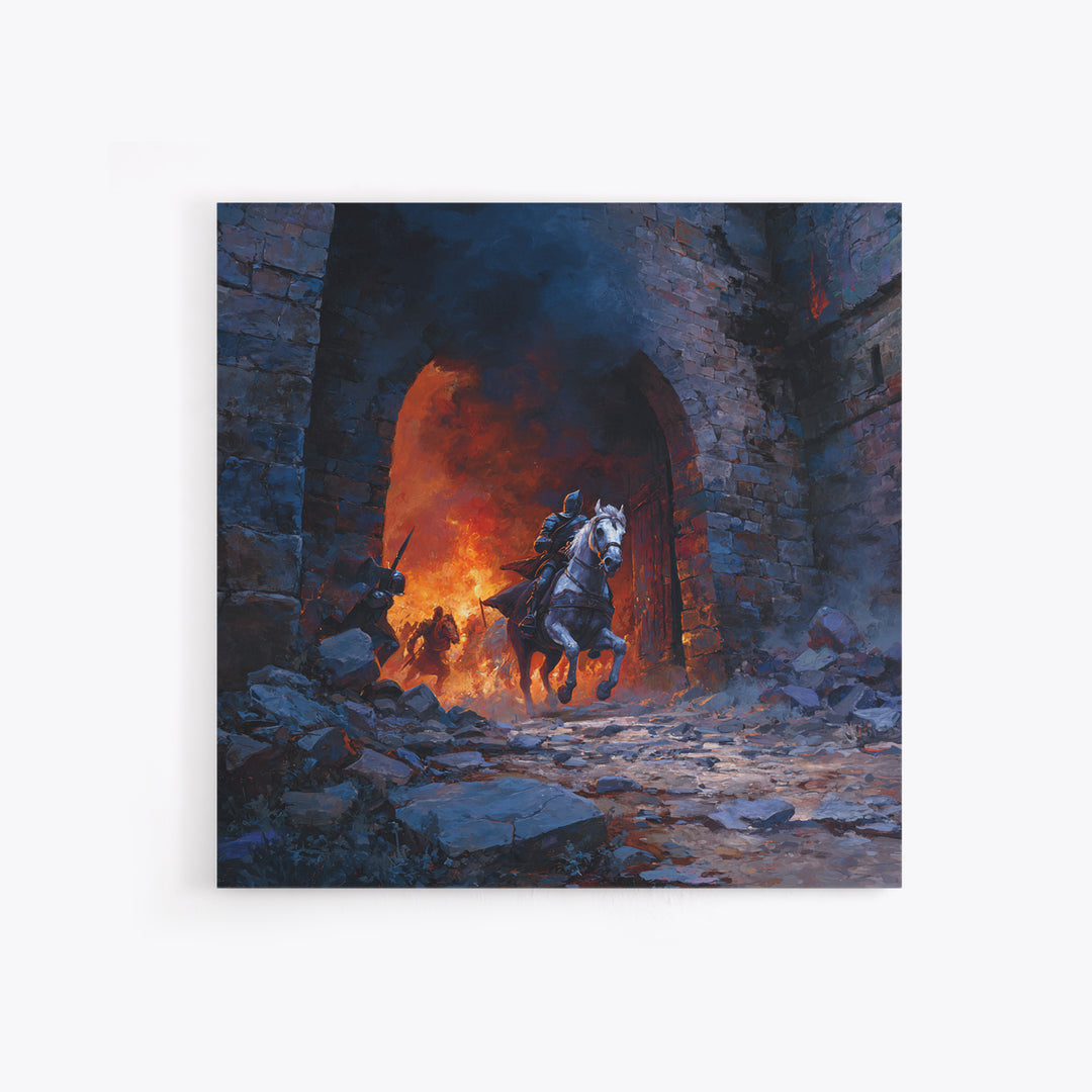Mounted Knight Escaping Burning Castle Gate, Dark Fantasy Wall Art, Medieval Battle Canvas Print, Gothic Living Room Decor