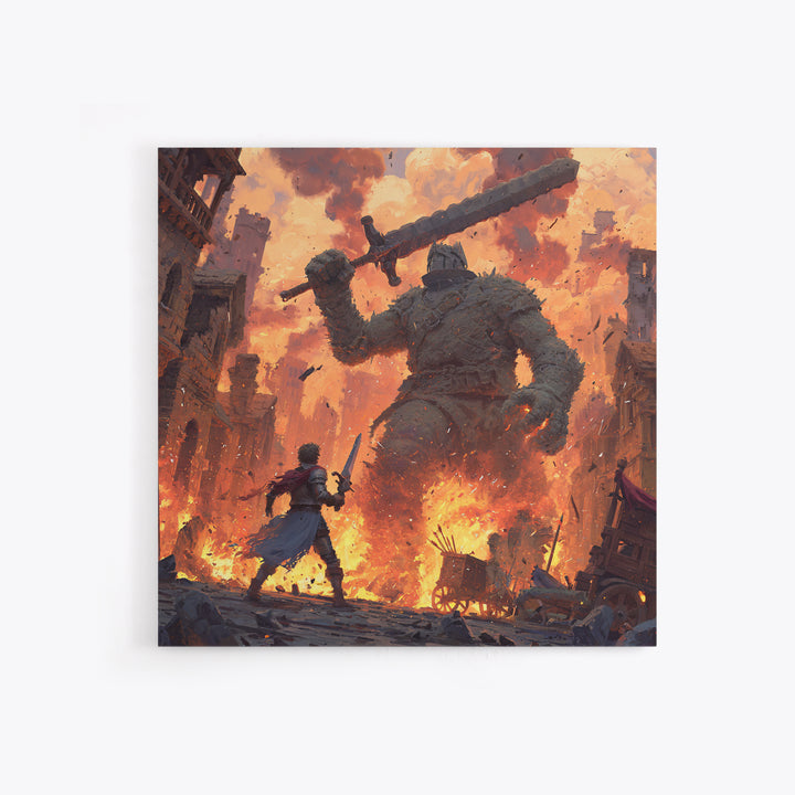 Giant Stone Warrior In Blazing City, Epic Fantasy Wall Art, Medieval Hero Canvas Print, Dramatic Game Room Decor Gift For Him