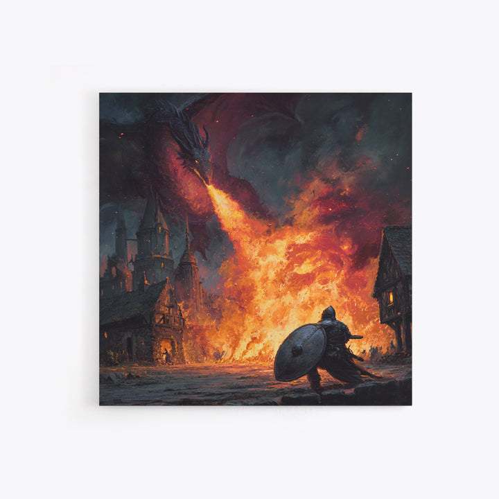 Fire Breathing Dragon Above Shielded Knight, Dark Fantasy Wall Art, Medieval Village Canvas Print, Gothic Castle Decor Gift