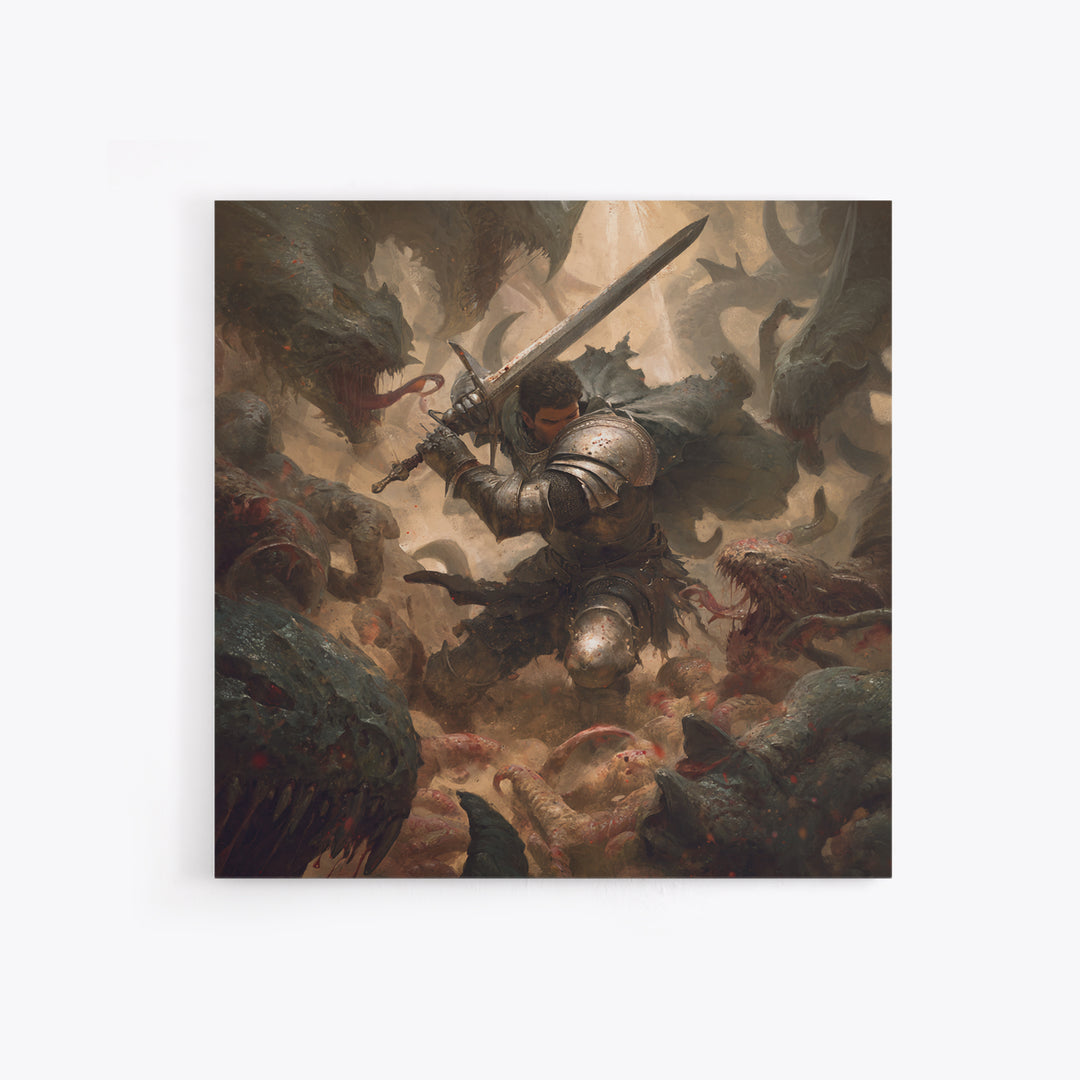 Armored Warrior Battling Monsters With Sword, Dark Fantasy Wall Art, Medieval Knight Canvas Print, Gothic Dungeon Decor Gift