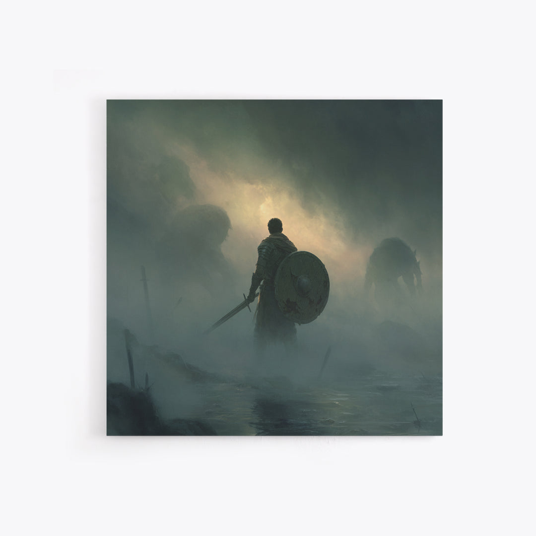 Lone Knight Facing Shadow Giants In Fog, Moody Fantasy Wall Art, Medieval Warrior Canvas Print, Dark Academia Decor Gift